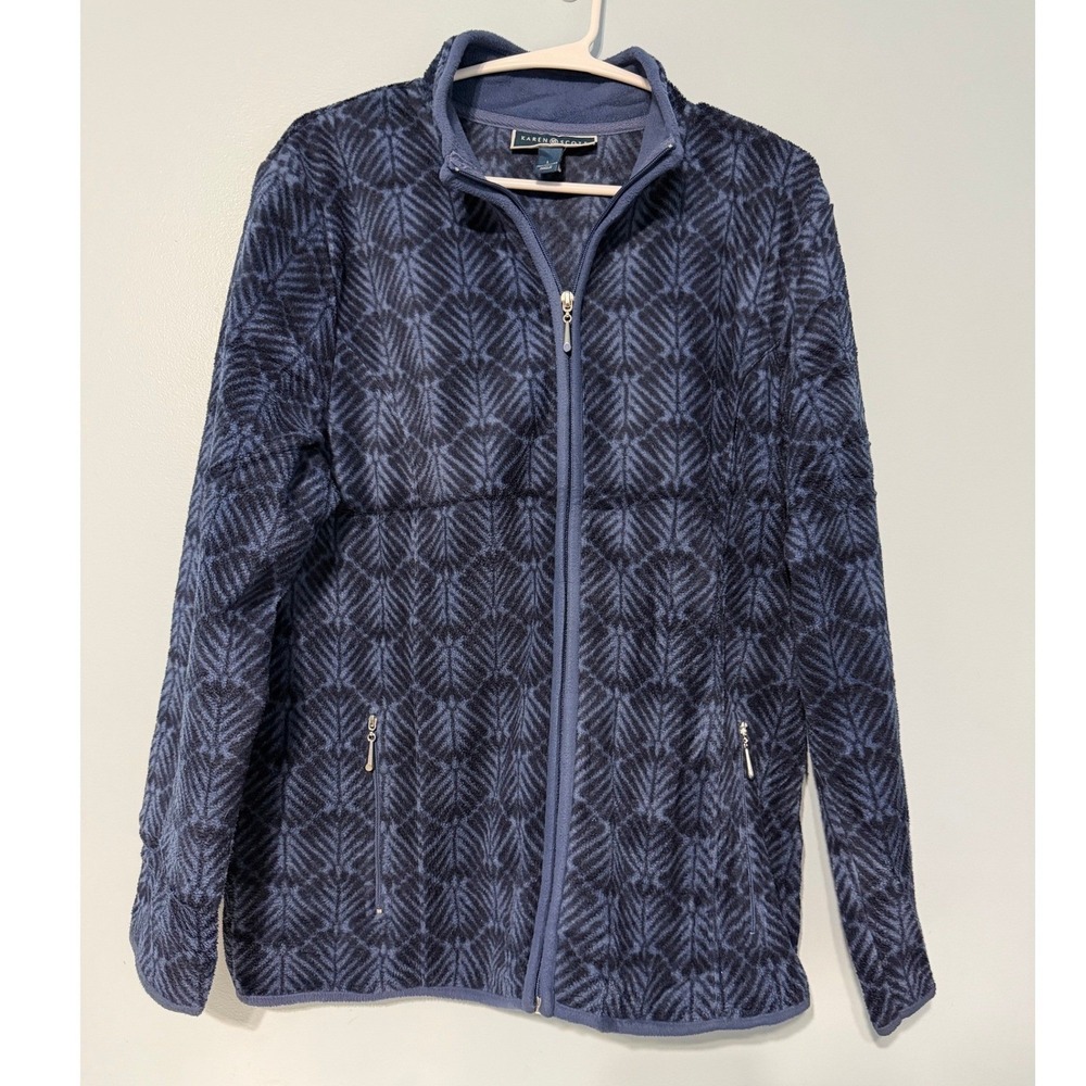 Karen Scott Women's L Sport Navy Blue Leaf Pattern Full Zip Fleece Jacket 1089